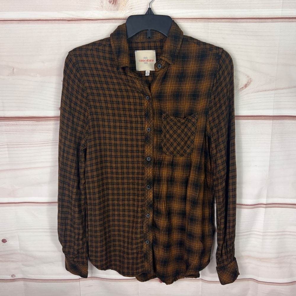 Casa Cabana Top Womens XS Brown Plaid Shirt Button Up Long Sleeve Collar Pocket